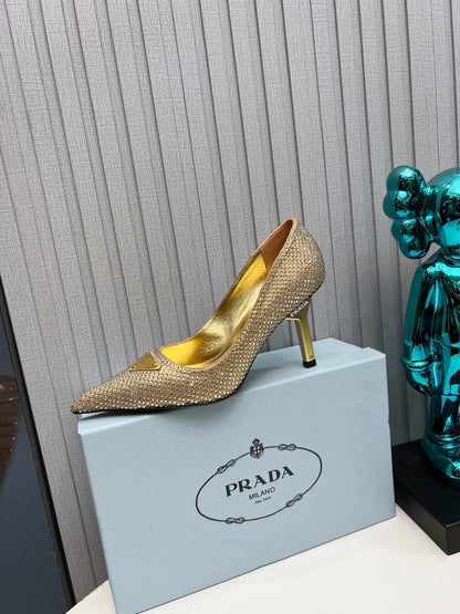 CRYSTAL HIGH-HEEL PUMPS IN GOLD SATIN WITH TRIANGLE LOGO