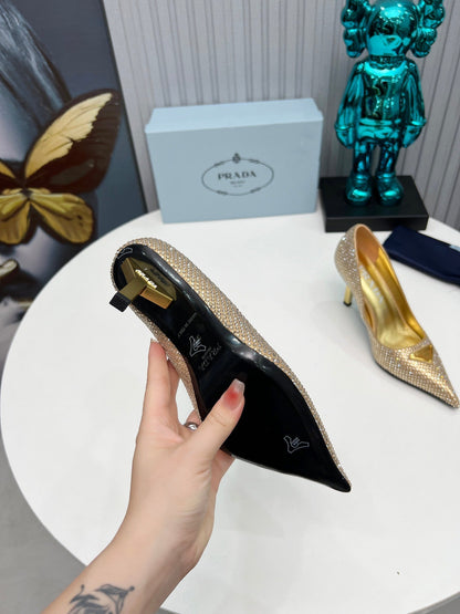 CRYSTAL HIGH-HEEL PUMPS IN GOLD SATIN WITH TRIANGLE LOGO