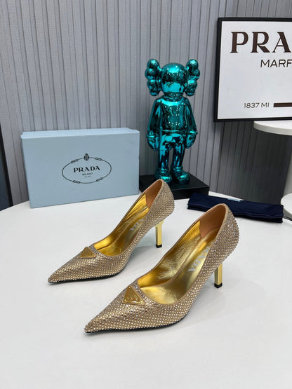 CRYSTAL HIGH-HEEL PUMPS IN GOLD SATIN WITH TRIANGLE LOGO