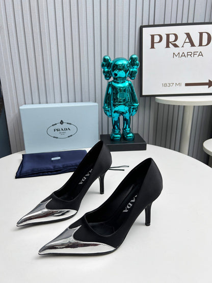 HIGH POINTED-TOE PUMPS IN BLACK MIX SILVER SATIN