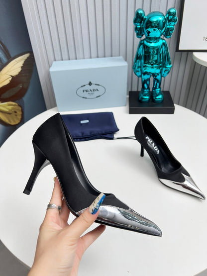 HIGH POINTED-TOE PUMPS IN BLACK MIX SILVER SATIN