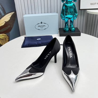 HIGH POINTED-TOE PUMPS IN BLACK MIX SILVER SATIN