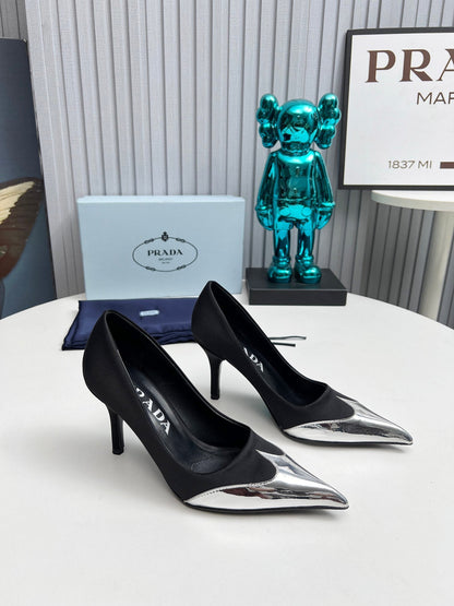 HIGH POINTED-TOE PUMPS IN BLACK MIX SILVER SATIN