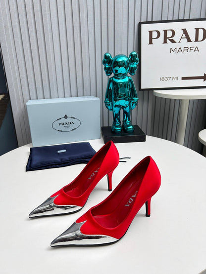 HIGH POINTED-TOE PUMPS IN RED MIX SILVER SATIN