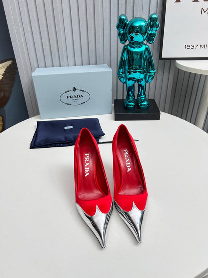 HIGH POINTED-TOE PUMPS IN RED MIX SILVER SATIN