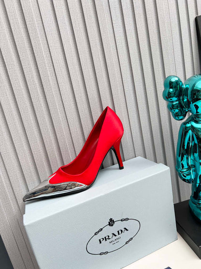 HIGH POINTED-TOE PUMPS IN RED MIX SILVER SATIN