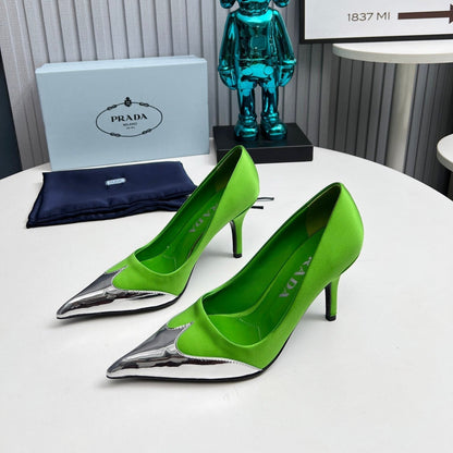 HIGH POINTED-TOE PUMPS IN LIME GREEN MIX SILVER SATIN