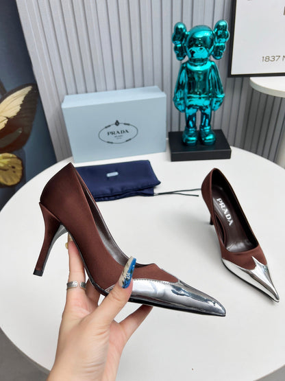 HIGH POINTED-TOE PUMPS IN CHOCOLATE MIX SILVER SATIN