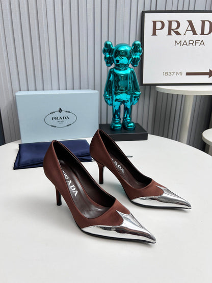 HIGH POINTED-TOE PUMPS IN CHOCOLATE MIX SILVER SATIN