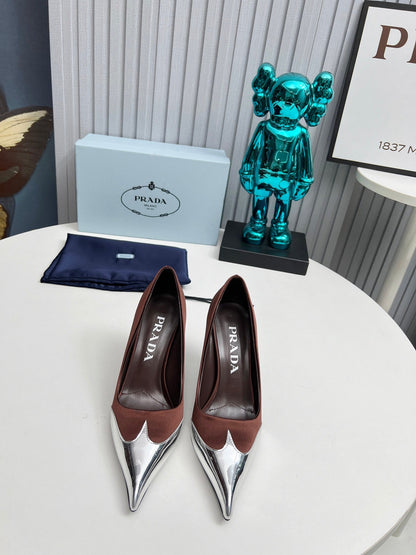 HIGH POINTED-TOE PUMPS IN CHOCOLATE MIX SILVER SATIN