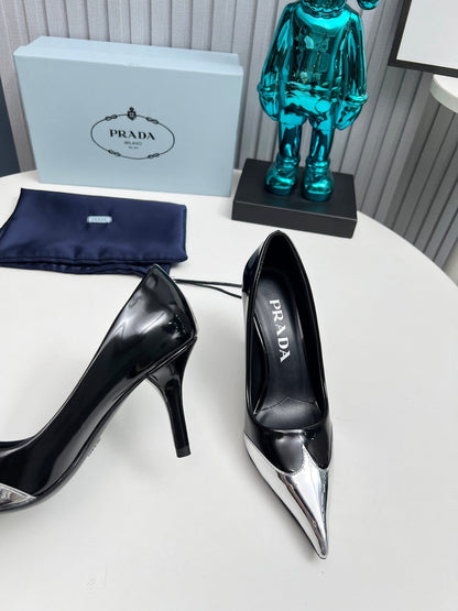 HIGH POINTED-TOE PUMPS IN SILVER MIX BLACK GLOSSY CALFSKIN