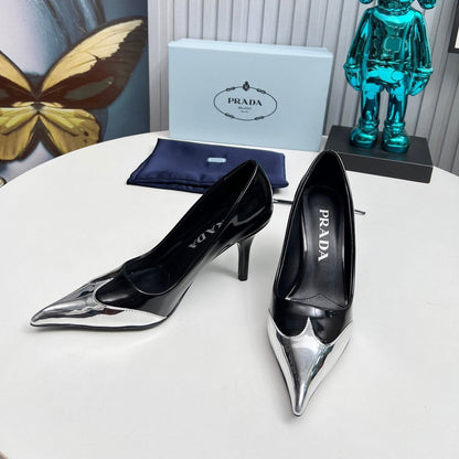HIGH POINTED-TOE PUMPS IN SILVER MIX BLACK GLOSSY CALFSKIN