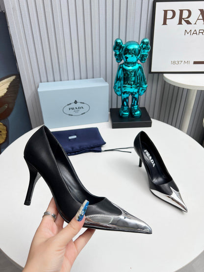 HIGH POINTED-TOE PUMPS IN SILVER MIX BLACK CALFSKIN