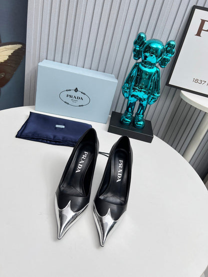 HIGH POINTED-TOE PUMPS IN SILVER MIX BLACK CALFSKIN