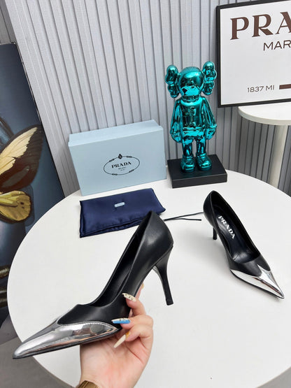 HIGH POINTED-TOE PUMPS IN SILVER MIX BLACK CALFSKIN