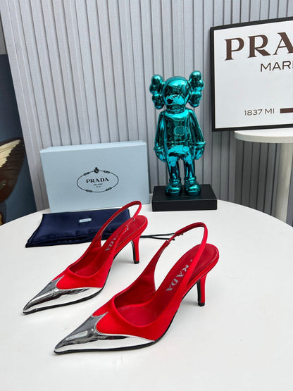 HIGH SLING BACK PUMPS IN SILVER MIX RED SATIN