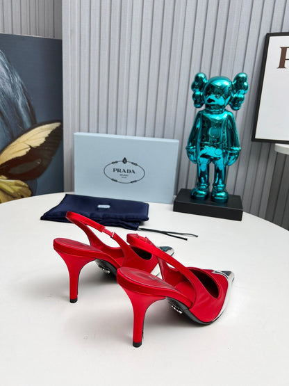 HIGH SLING BACK PUMPS IN SILVER MIX RED SATIN