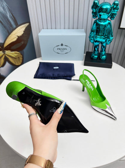 HIGH SLING BACK PUMPS IN SILVER MIX LIME GREEN SATIN