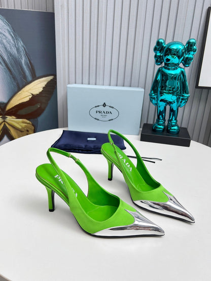 HIGH SLING BACK PUMPS IN SILVER MIX LIME GREEN SATIN