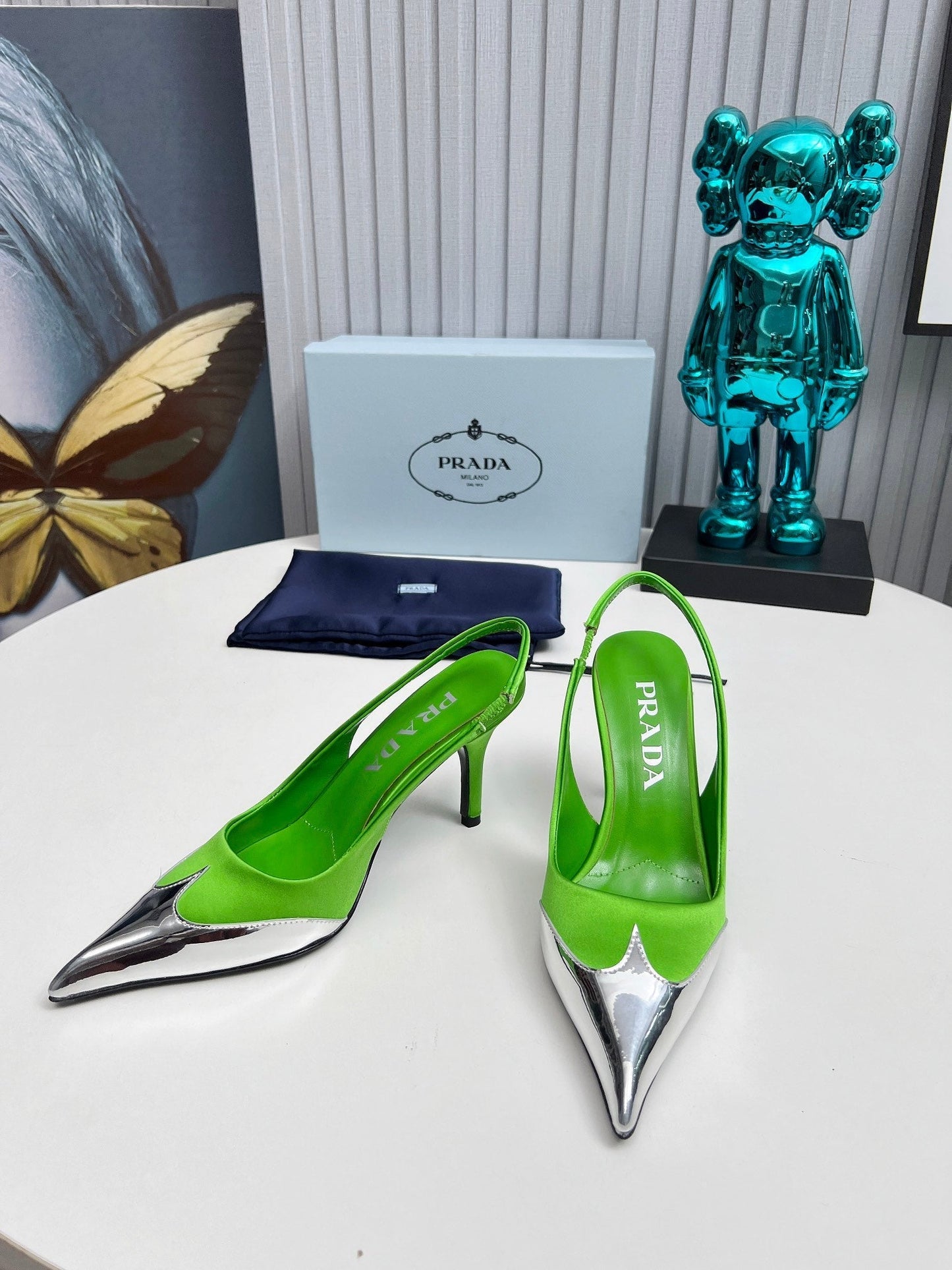 HIGH SLING BACK PUMPS IN SILVER MIX LIME GREEN SATIN