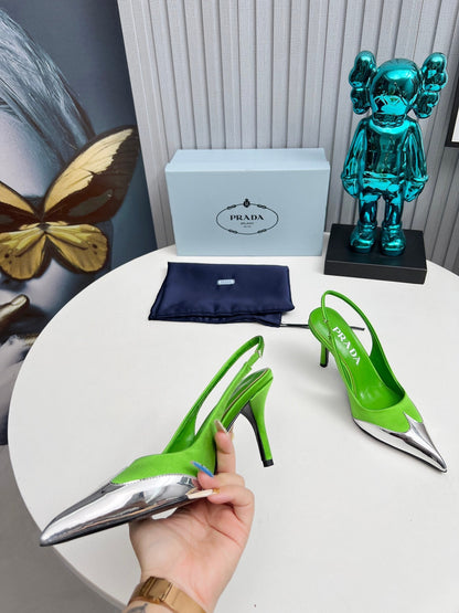 HIGH SLING BACK PUMPS IN SILVER MIX LIME GREEN SATIN