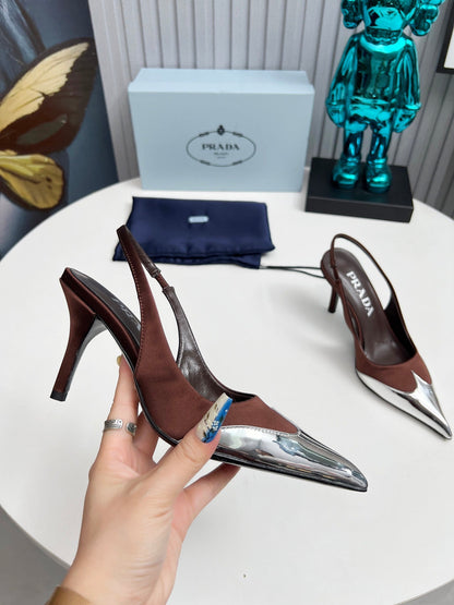 HIGH SLING BACK PUMPS IN SILVER MIX CHOCOLATE SATIN