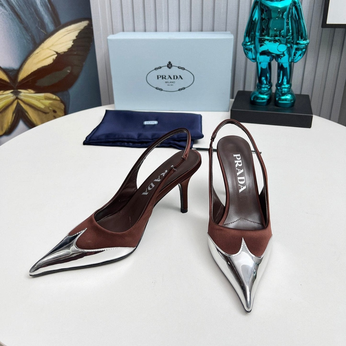 HIGH SLING BACK PUMPS IN SILVER MIX CHOCOLATE SATIN