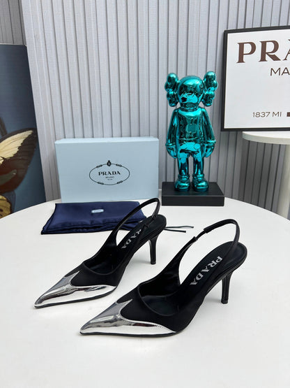 HIGH SLING BACK PUMPS IN SILVER MIX BLACK SATIN