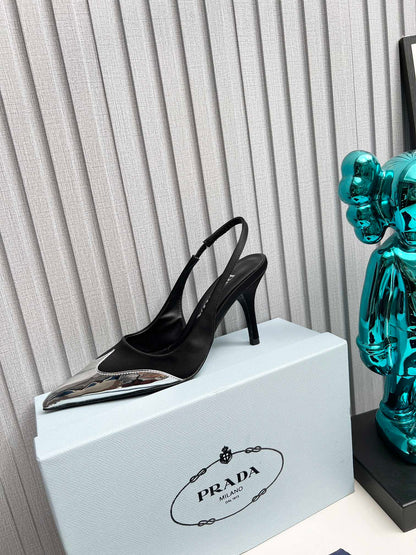 HIGH SLING BACK PUMPS IN SILVER MIX BLACK SATIN