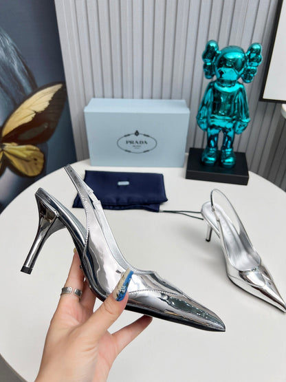 HIGH SLING BACK PUMPS IN SILVER GLOSSY CALFSKIN