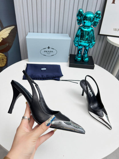 HIGH SLING BACK PUMPS IN SILVER MIX BLACK CALFSKIN