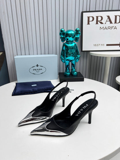 HIGH SLING BACK PUMPS IN SILVER MIX BLACK CALFSKIN