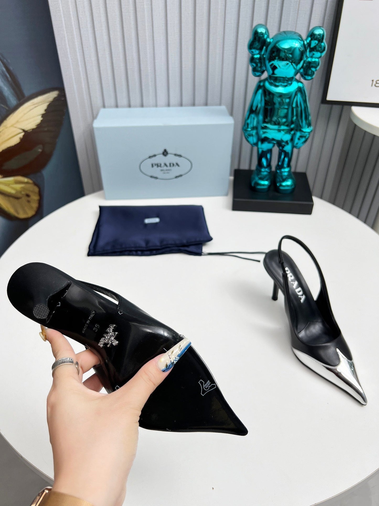 HIGH SLING BACK PUMPS IN SILVER MIX BLACK CALFSKIN