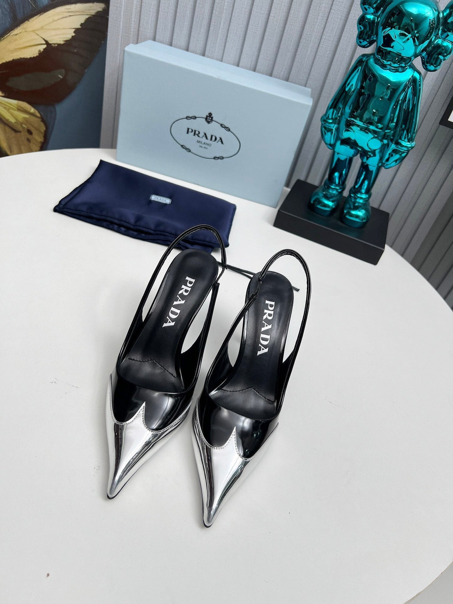 HIGH SLING BACK PUMPS IN SILVER MIX BLACK GLOSSY CALFSKIN