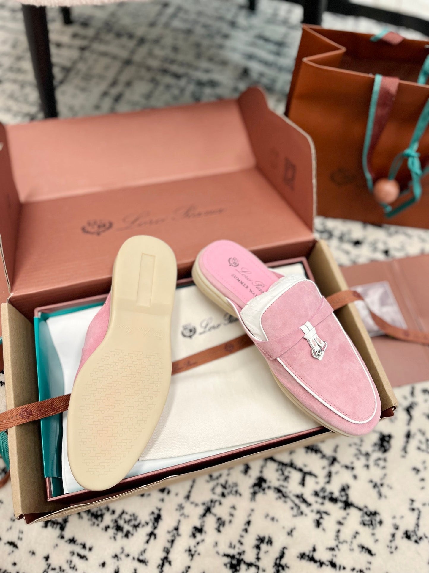 Loro Piana Pink Suede Charms Walk Flat Mules