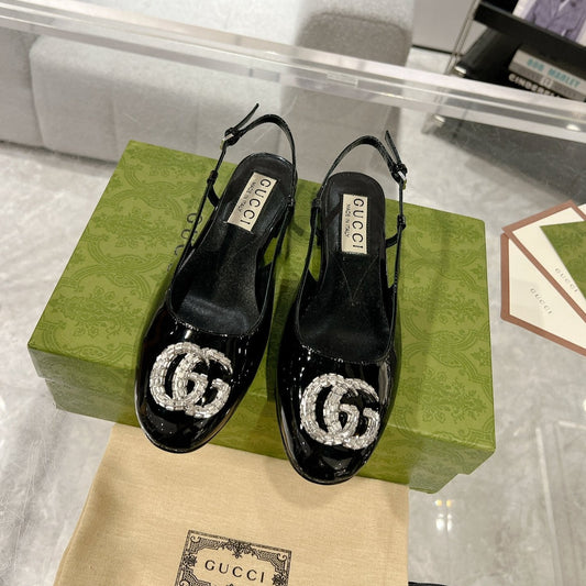 GG CRYSTALS SLINGBACK BALLET BLACK CALFSKIN