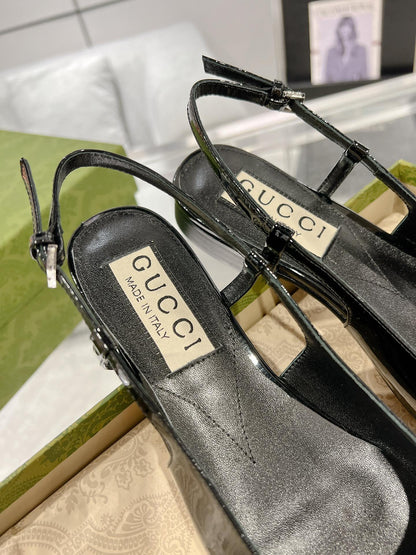 METALIC SLINGBACK FLATS IN BLACK CALFSKIN