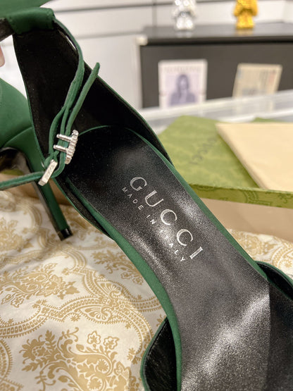 GG CRYSTAL ASTLETON GREEN HIGH HEEL SANDALS SATIN