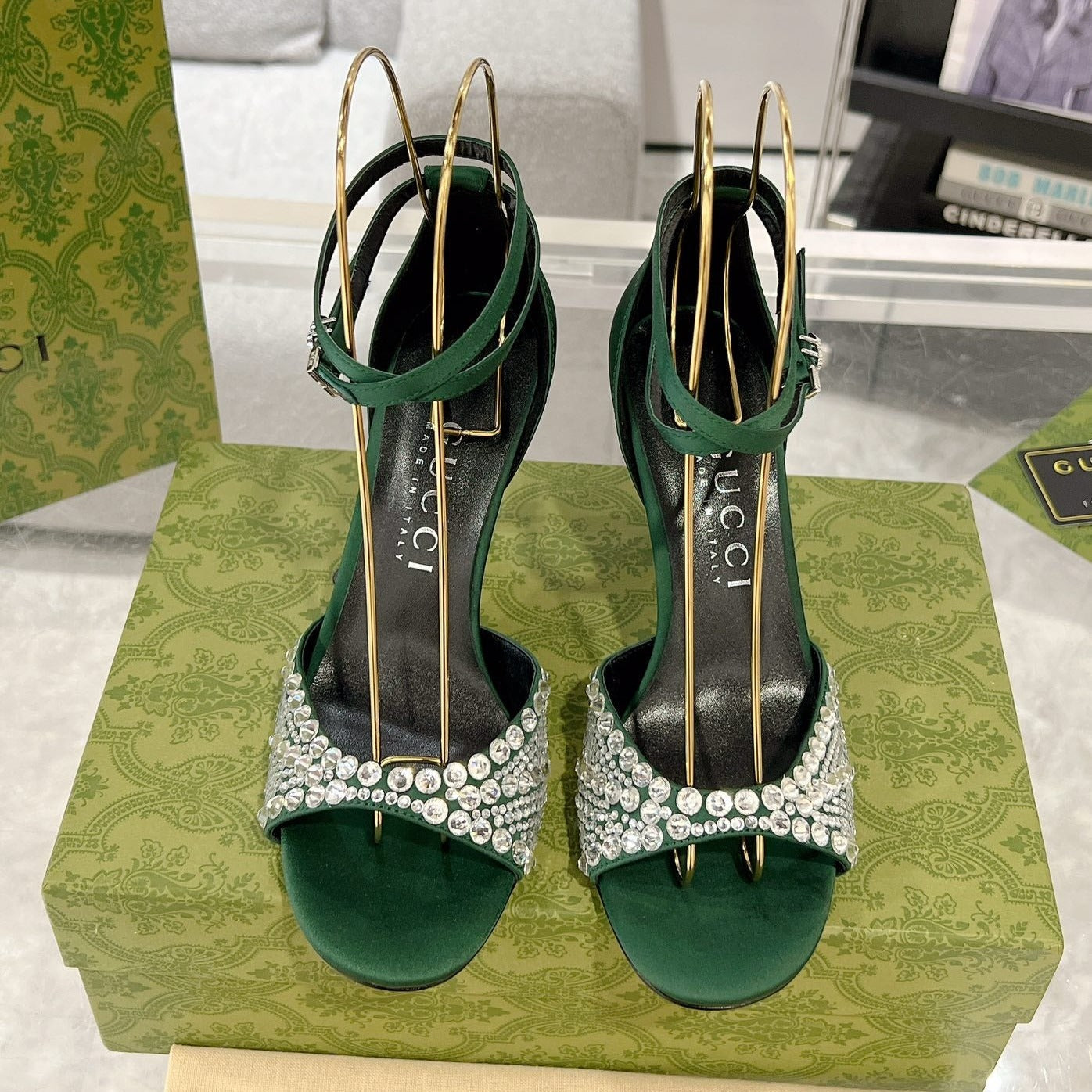GG CRYSTAL ASTLETON GREEN HIGH HEEL SANDALS SATIN