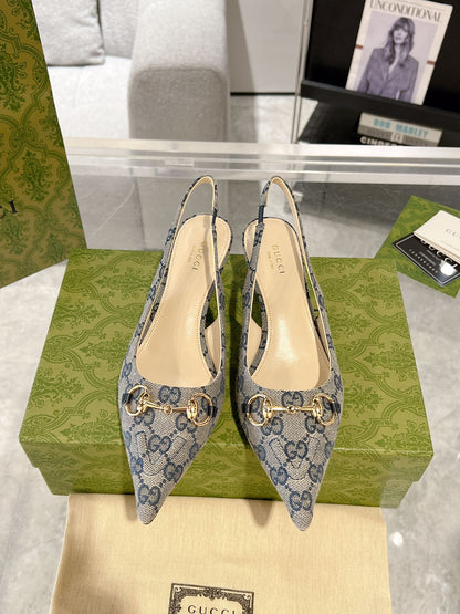 GG MID-HEELED SLINGBACK 4.5 CM IN PALE GRAY CANVAS