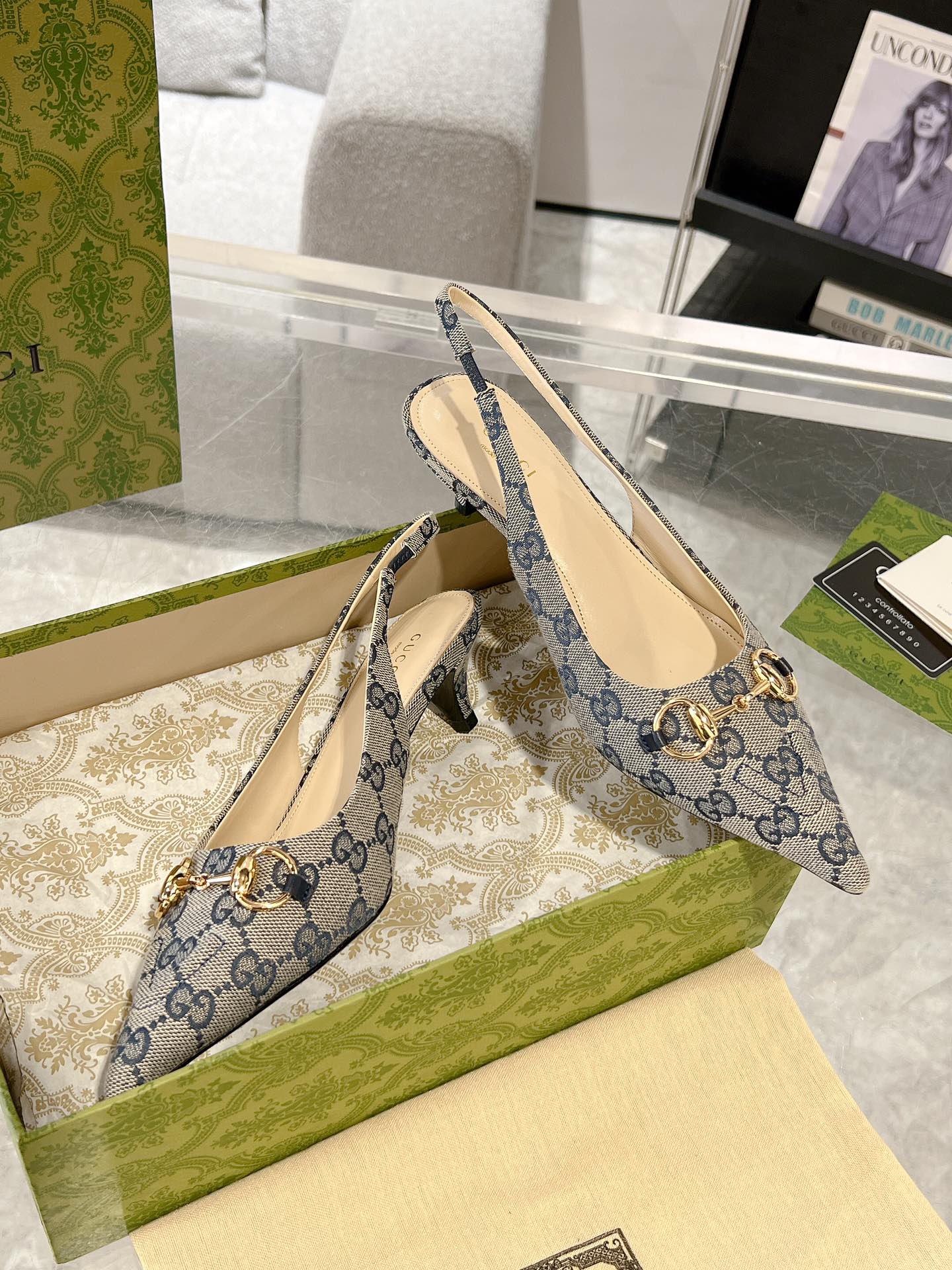 GG MID-HEELED SLINGBACK 4.5 CM IN PALE GRAY CANVAS