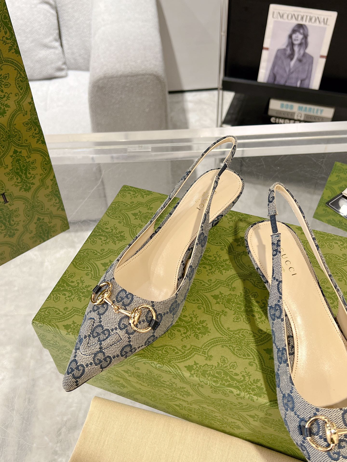 GG MID-HEELED SLINGBACK 4.5 CM IN PALE GRAY CANVAS