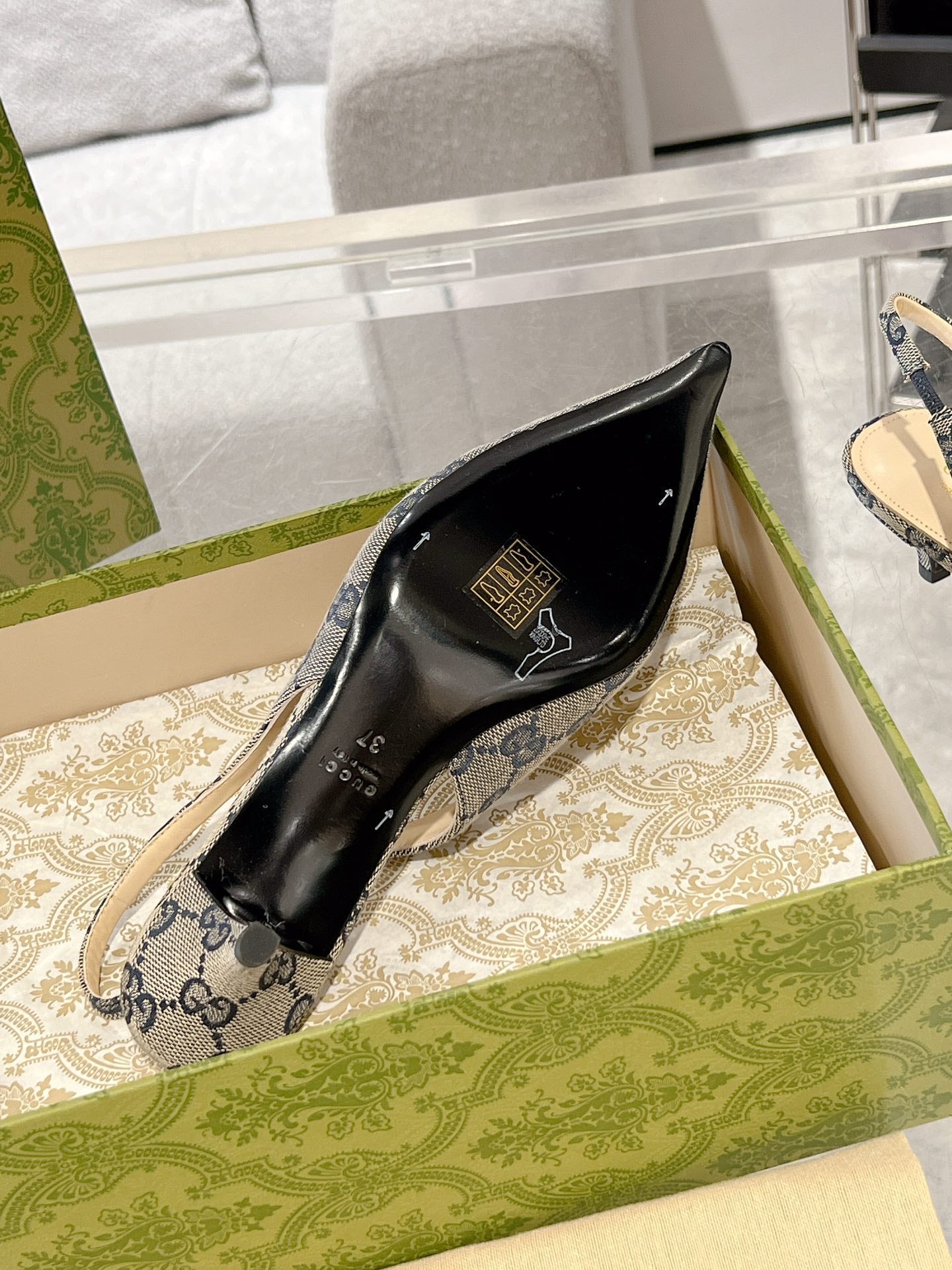 GG MID-HEELED SLINGBACK 4.5 CM IN PALE GRAY CANVAS