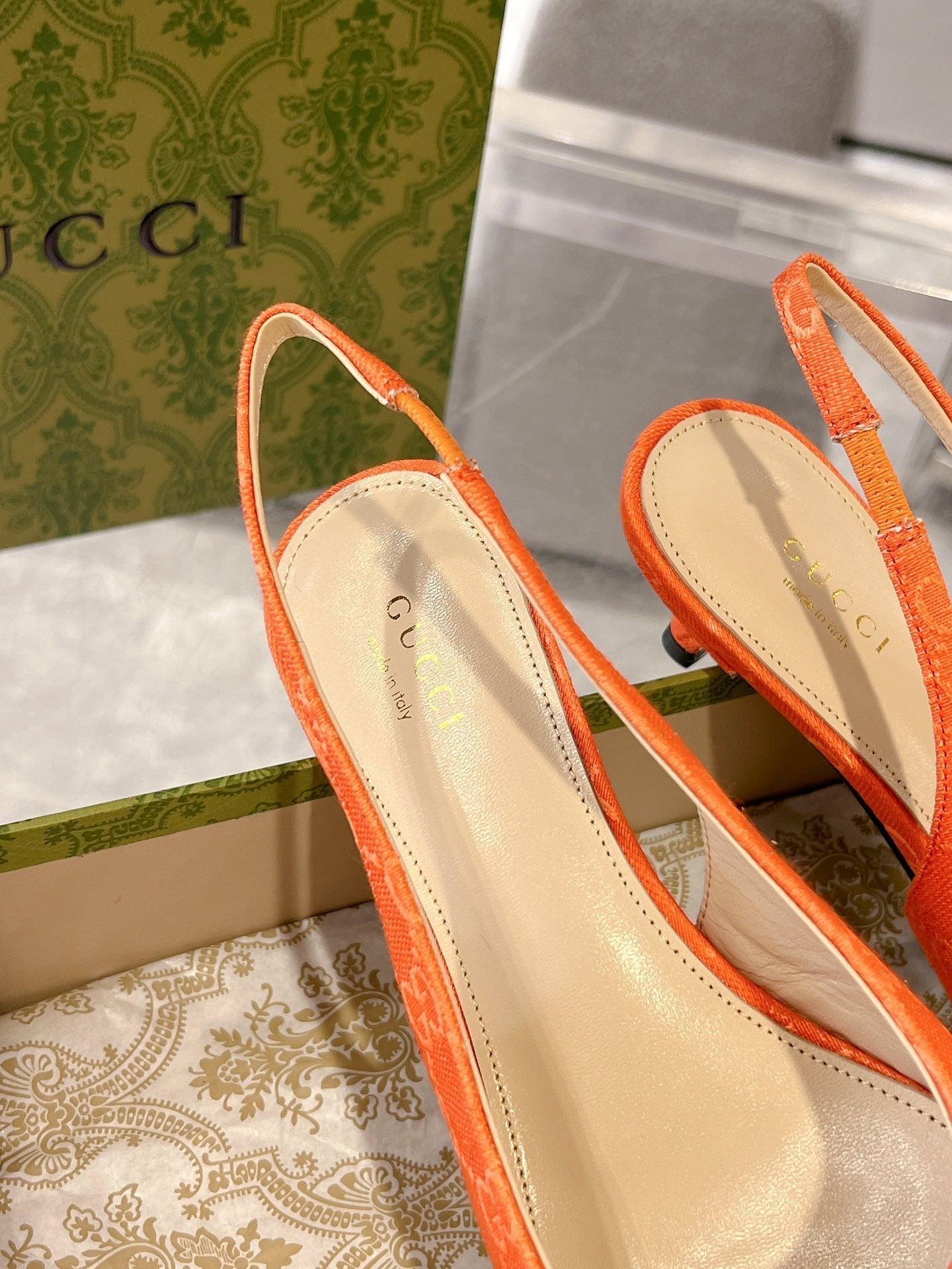 GG MID-HEELED SLINGBACK 4.5 CM IN ORANGE CANVAS