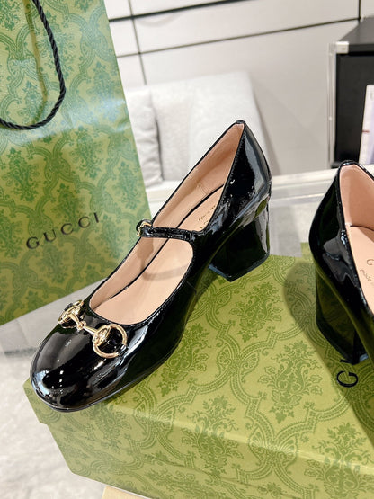 HORSEBIT MARY JANE HEEL IN BLACK CALFSKIN GOLD HARDWARE