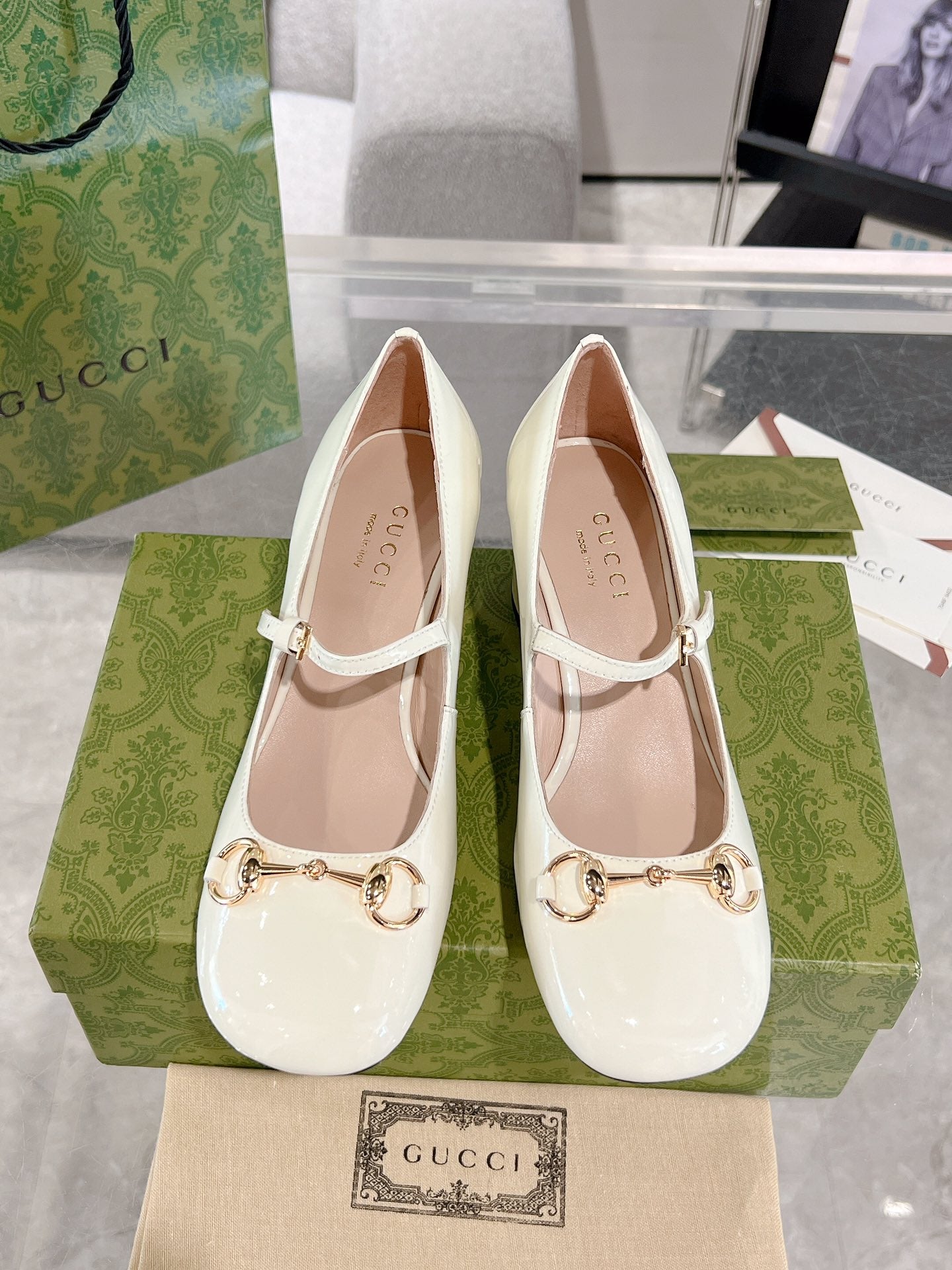 HORSEBIT MARY JANE HEEL IN WHITE CALFSKIN GOLD HARDWARE