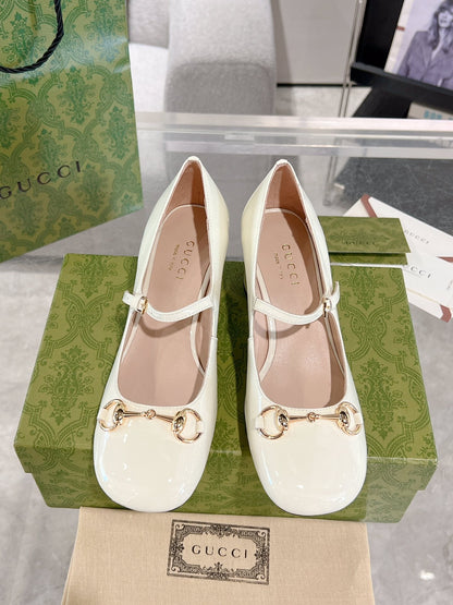 HORSEBIT MARY JANE HEEL IN WHITE CALFSKIN GOLD HARDWARE