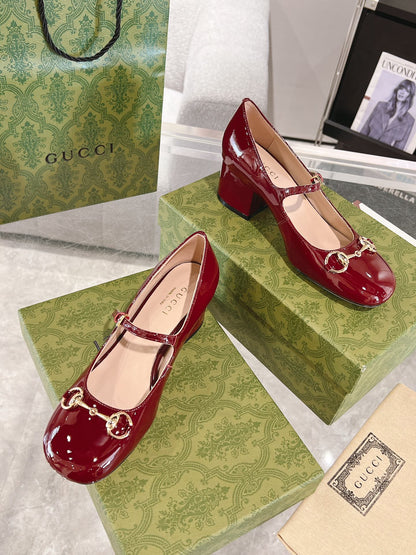 HORSEBIT MARY JANE HEEL IN CRIMSON RED CALFSKIN GOLD HARDWARE