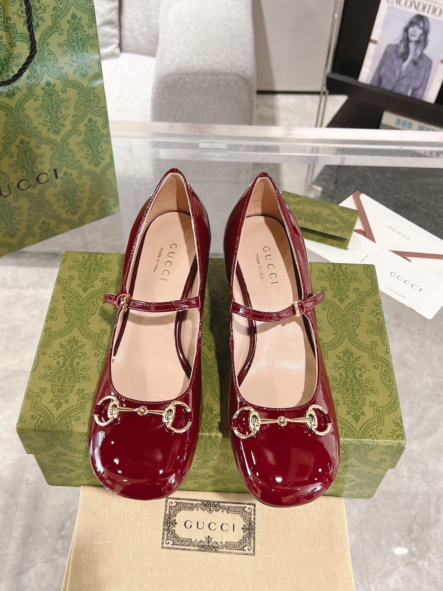 HORSEBIT MARY JANE HEEL IN CRIMSON RED CALFSKIN GOLD HARDWARE