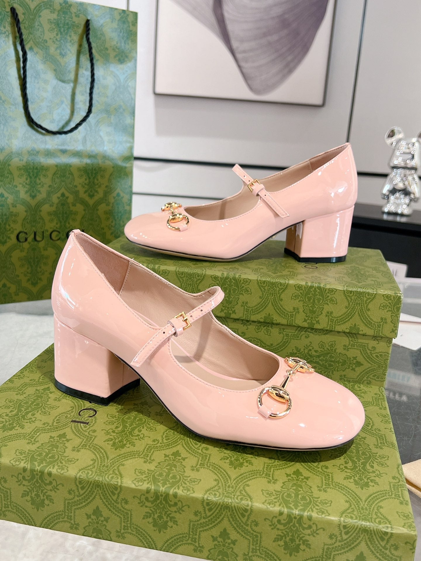 HORSEBIT MARY JANE HEEL IN LIGHT PINK CALFSKIN GOLD HARDWARE